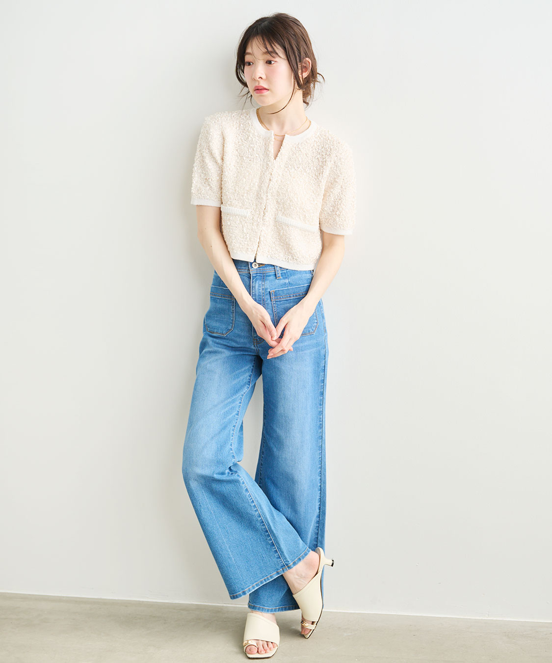 健 tetei ド根性デニム フレアデニム レザー・ベロア切替 Y2K フロントポケットフレアデニム｜PETAL ONLINE（ペタルオンライン）