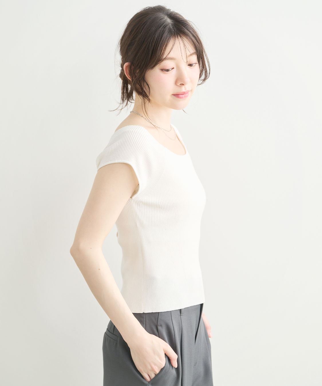 シルクブレンドフレンチスリーブリブトップス｜PETAL ONLINE（ペタル
