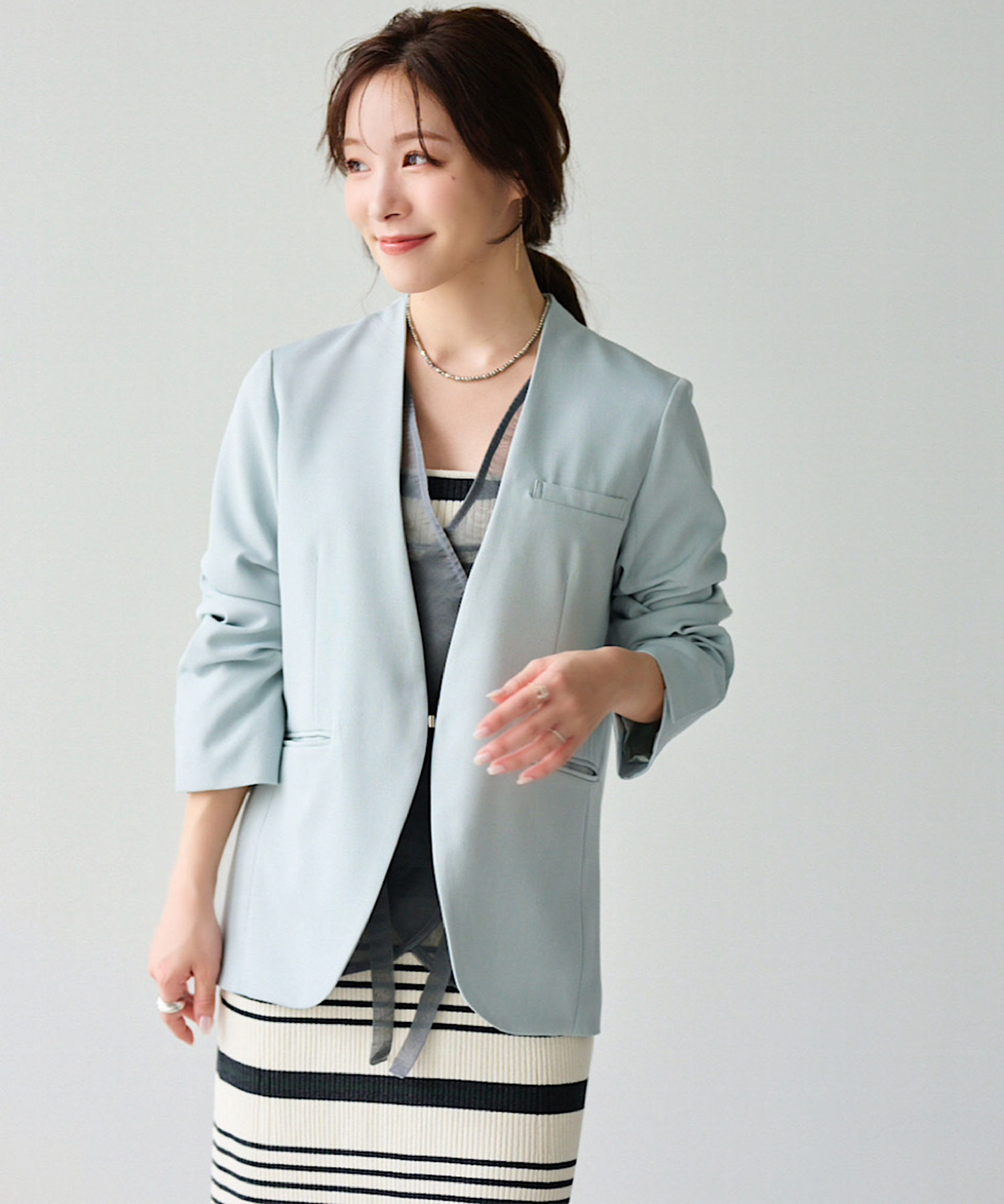 新品未使用タグ付き　aimeine シアードッキングノーカラージャケット　ミント シアードッキングノーカラージャケット｜PETAL ONLINE（ペタルオンライン）