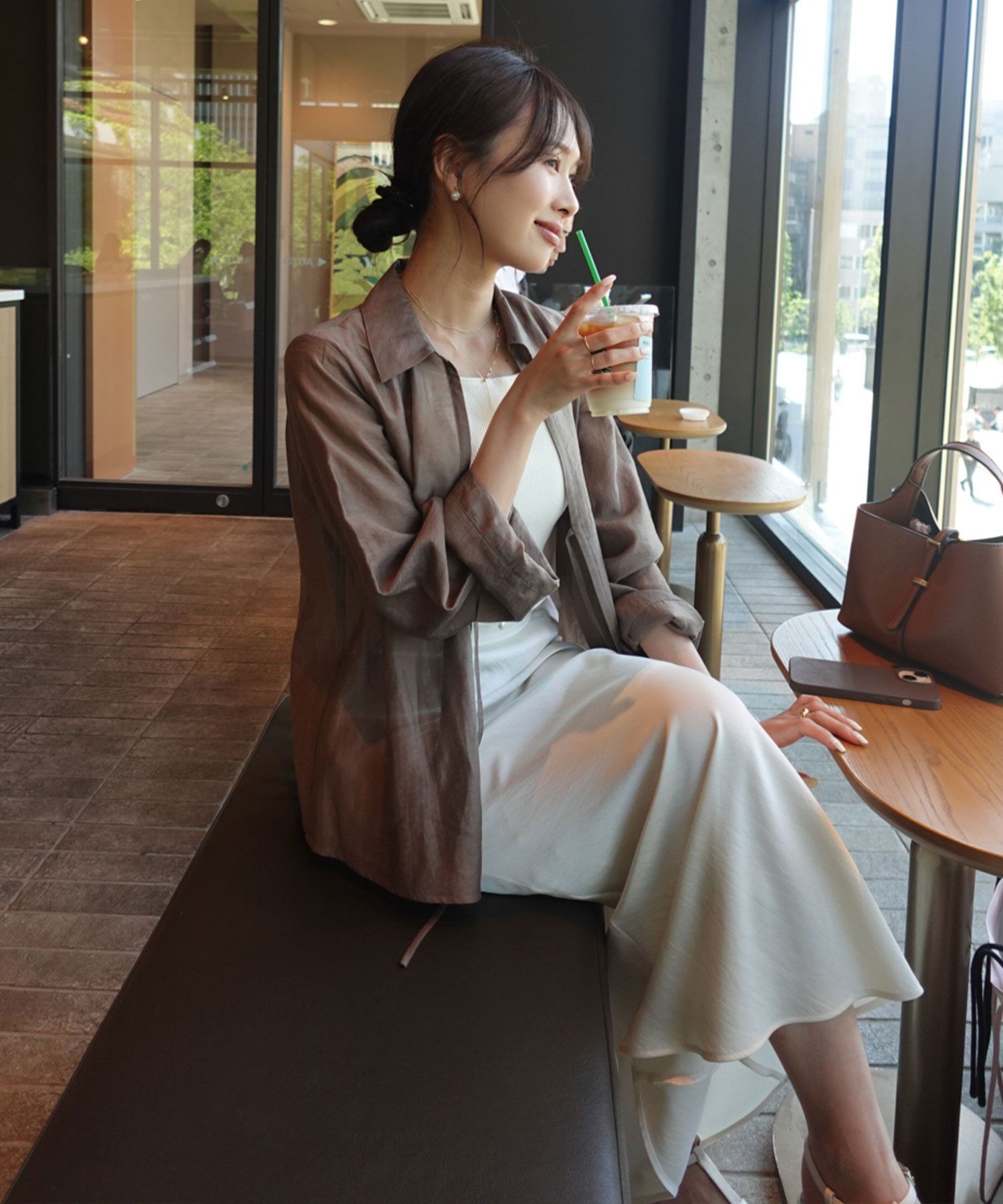 Aimeine シアーリネンワイドスリーブシャツ フリーサイズ ブラウン Aimeineエメイン♡シアーリネンワイドスリーブシャツ ブラウン