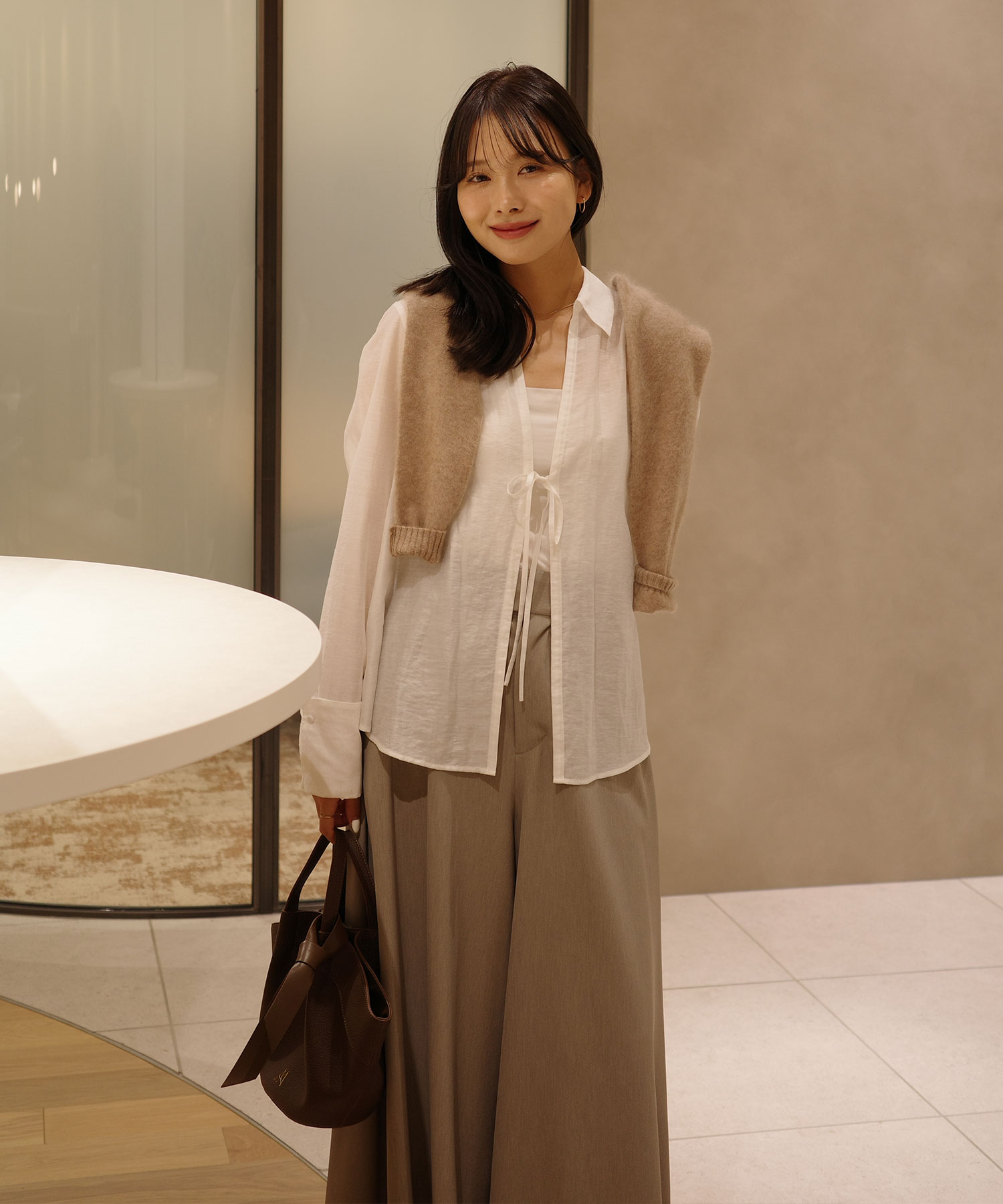 Aimeine シアーリネンワイドスリーブシャツ フリーサイズ ブラウン